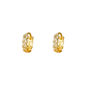 Macro shot of gold hoop earrings with sparkling leaf patterns and micro-pave diamond inlay