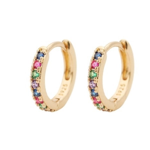 Rainbow multi-colored crystal huggie earrings in S925 sterling silver gold plating