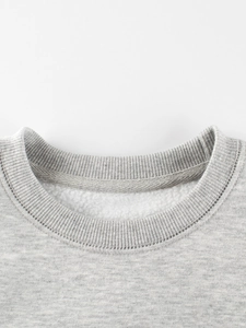 Close-up of heather grey sweatshirt neckline with thick warm fleece lining detail