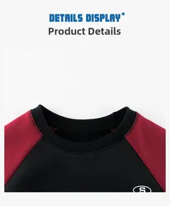 Detail of black rib-knit crew neck on red and black fleece sweatshirt with S logo