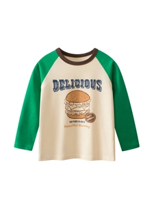 Mädchen Langarm T-Shirt Reine Baumwolle Raglan Kontrastfarbe Cartoon Burger Print Lässiges Rundhals Top Weich