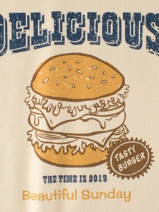 Beiges langärmliges Baumwoll-T-Shirt für Mädchen mit Retro-Burger-Grafikdruck