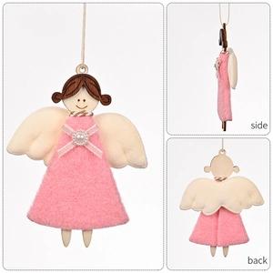 Vues détaillées d'ange de Noël en bois, feutre rose et ailes en peluche douce
