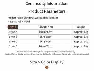 Size chart showing dimensions and weight for Christmas wooden bell pendants