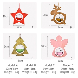 Detailed view of wooden Christmas ornaments with metal bells and sizing specifications