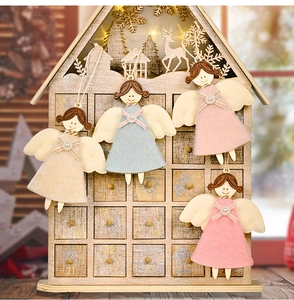 Calendrier de l'Avent en bois lumineux avec 24 tiroirs et pendentifs anges en feutre