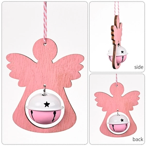 Detail view of pink wooden angel ornament with metal bell showing side and back angles