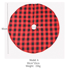 Detail view of 90cm red and black buffalo plaid Christmas tree skirt with dimensions