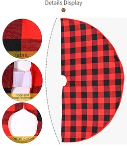 Detail view of red and black buffalo plaid Christmas tree skirt with Velcro fasteners
