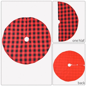 Detail view of red and black buffalo plaid Christmas tree skirt with secure back closure
