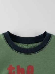 Green fleece children sweatshirt with blue ribbed neckline and red letter printing