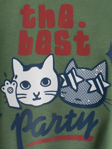 Olive green fleece hoodie for kids with 'the best' cartoon cat print and star glasses
