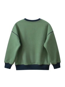 Kids grass green crewneck sweatshirt with dark blue ribbed trim and warm fleece lining