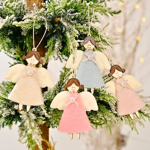 Ornements de Noël Ange en Bois et Feutre Faits à la Main Pour Sapin de Noël Avec Ailes Nœud Perlé Décoration Maison