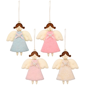 Lot de quatre anges de Noël faits main en bois et feutrine aux couleurs pastel douces