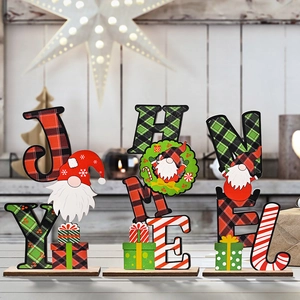 Three-piece wooden Christmas tabletop ornaments featuring JOY HOME and NOEL letter designs