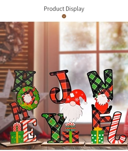 Christmas wooden Joy and Noel tabletop ornaments with festive plaid gnomes on stable bases
