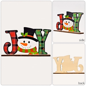 Three-sided view of JOY wooden Christmas sign featuring snowman and plaid patterns