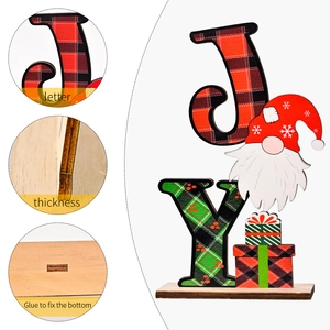 Christmas JOY wooden gnome table centerpiece with red and green buffalo plaid patterns