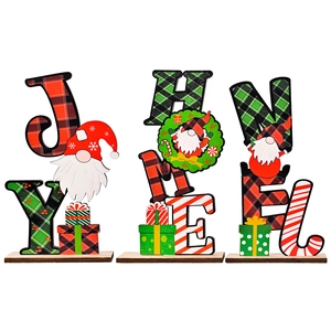 Three-piece Christmas wooden gnome table ornaments featuring JOY HOME and NOEL lettering