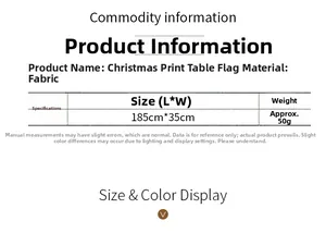 Size chart for Christmas table runner showing 185x35cm dimensions and fabric material