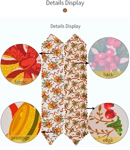 Macro view of Christmas table runner fabric texture, printings and scalloped edges