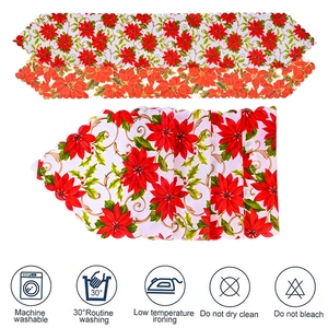 Detail of Christmas poinsettia table runner showing festive print and machine washing icons