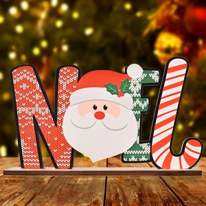Wooden Noel tabletop ornament with Santa head and knitted patterns for Christmas decor