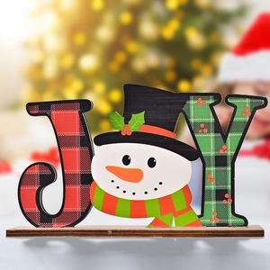Christmas JOY wooden table ornament with snowman and plaid patterns for holiday decor