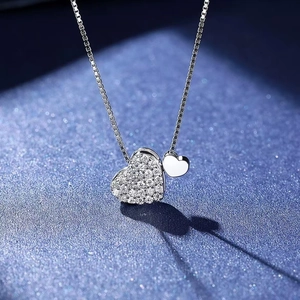Double Heart Pendant Necklace Copper Rhinestone Zircon Inlaid Elegant Box Chain Clavicle Jewelry For Women