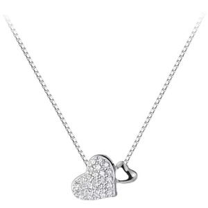 Elegant double heart pendant necklace with white crystals and silver box chain for women