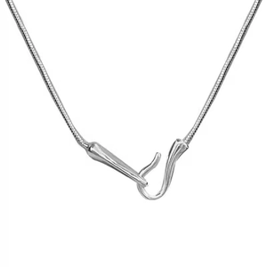 Minimalist silver snake chain necklace featuring a French hook clasp on a white background