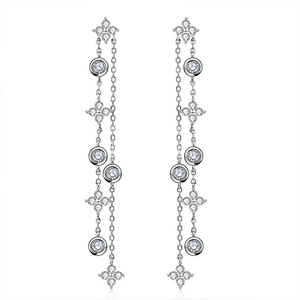 Elegant silver tassel earrings with four-leaf clover motifs and sparkling zircon stones