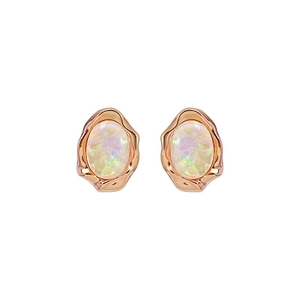 French retro style rose gold earrings with oval opal and irregular wavy metal frame