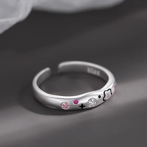 Adjustable S925 silver ring with pink zircon flowers and artistic wave texture for women