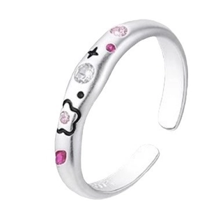 Adjustable S925 sterling silver flower ring with pink crystals and matte graffiti details