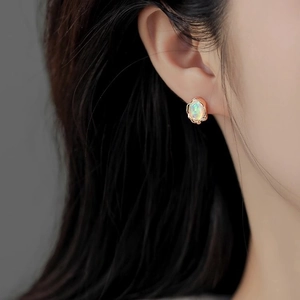 French vintage oval opal stud earrings with rose gold scalloped edges for women