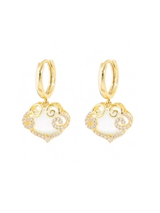 Detailed view of heart-shaped cloud pendant earrings with gold finish and zircon accents