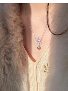 Detail of snowflake zircon necklace with pearl pendant worn on a beige knit sweater