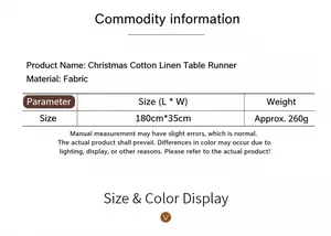 Größentabelle für den 180x35cm Weihnachts-Tischläufer mit Gewichts- und Materialdetails