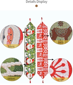 Makro-Detail des festlichen Weihnachts-Tischläufers mit Jacquard-Webung und roten Quasten
