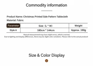 Size chart showing 180cm x 144cm dimensions and weight for Christmas printed tablecloth
