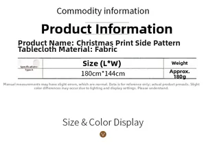 Size chart showing 180cm x 144cm dimensions and weight for Christmas printed tablecloth