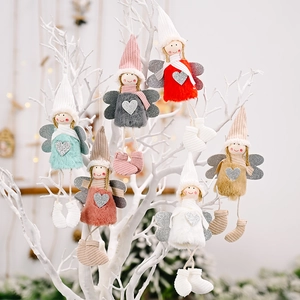 Plush Christmas Angel Hanging Pendant With Sequin Heart Wings Knit Hat Cute Angel Ornament For Xmas Tree Party Home Decoration
