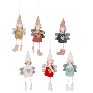 Set of 6 plush Christmas angel pendants with knit hats, faux fur and silver wings