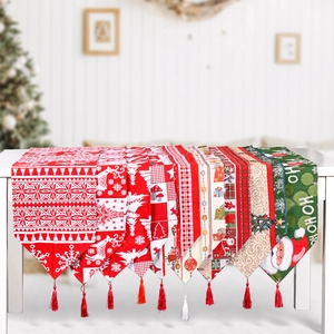 Christmas Table Runner Tassels Jacquard Festive Holiday Dining Table Decor Santa Reindeer Snowflake Pattern Home Party