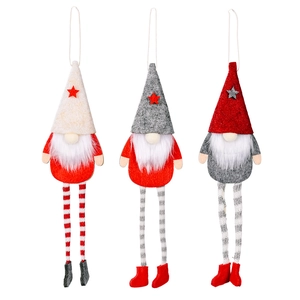 Three long-legged Christmas forest gnomes hanging ornaments in red, grey, and white colors