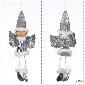 Front and back views of a sequin Christmas angel pendant with silver wings and faux fur trim