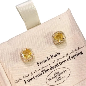 Elegant French gold square yellow crystal earrings with halo diamond accent for women