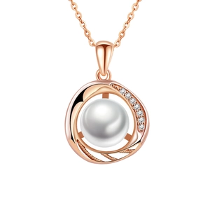 Elegant rose gold spiral pendant necklace featuring a central white pearl and zircon accents
